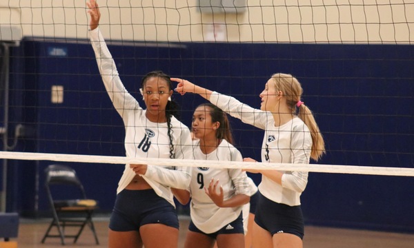 3 Hornets prepare for the next set in front of the net.